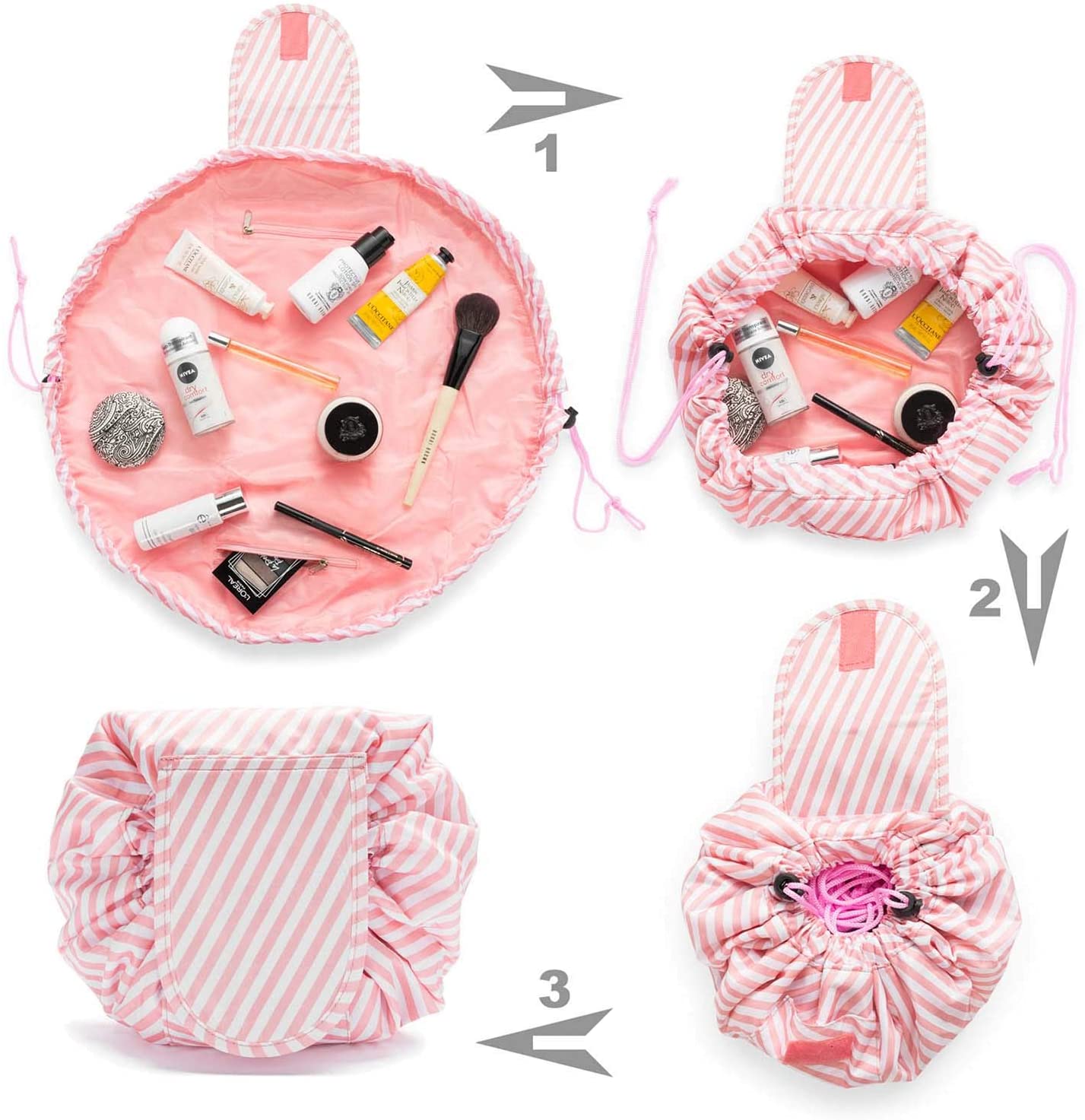 EAZY Make-up tas (Roze met witte strepen)