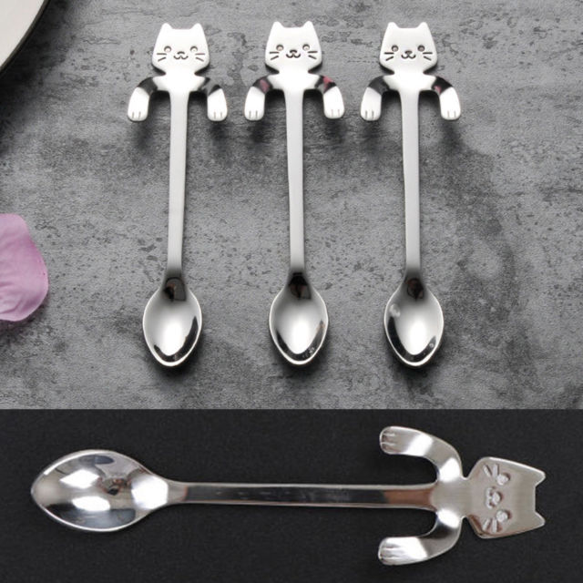 Katten theelepel set kleur zilver 4 stuks